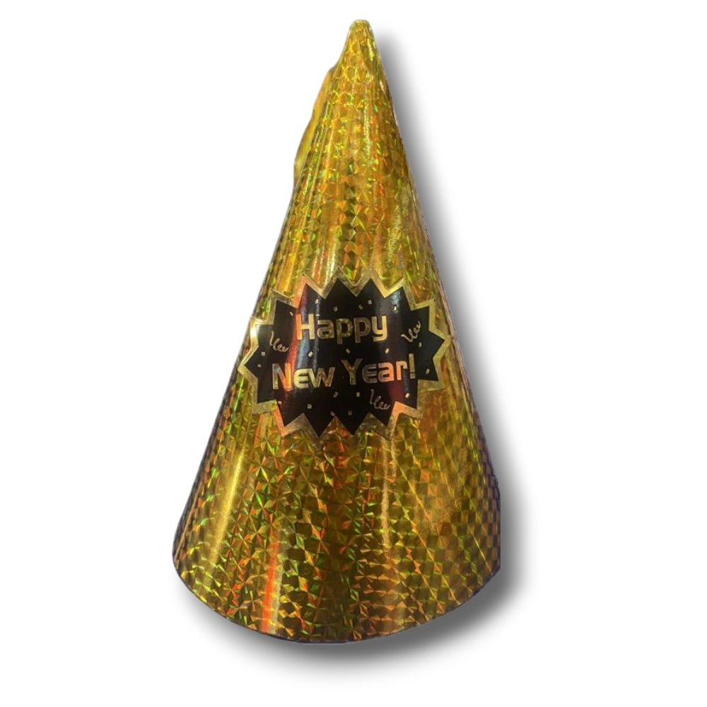 Gorrito de fiesta PartyStore dorado brillante con efecto holográfico y etiqueta negra de Happy New Year