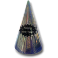 Gorrito de fiesta PartyStore plateado brillante con acabado holográfico y texto Happy New Year en negro