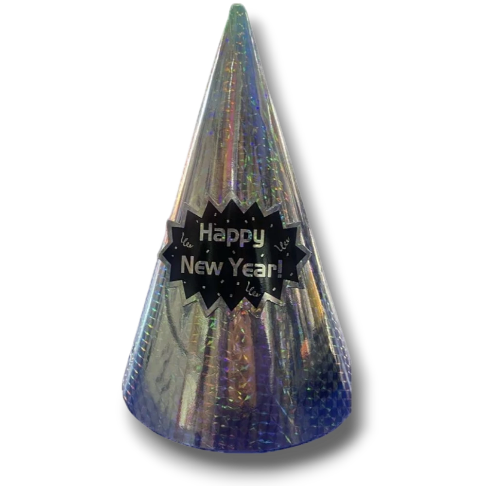 Gorrito de fiesta PartyStore plateado brillante con acabado holográfico y texto Happy New Year en negro