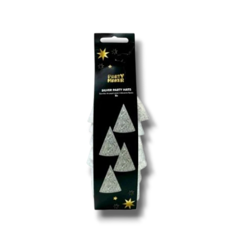 Paquete de 8 gorritos de fiesta PartyStore color plata iridiscente con diseño cónico brillante para celebraciones