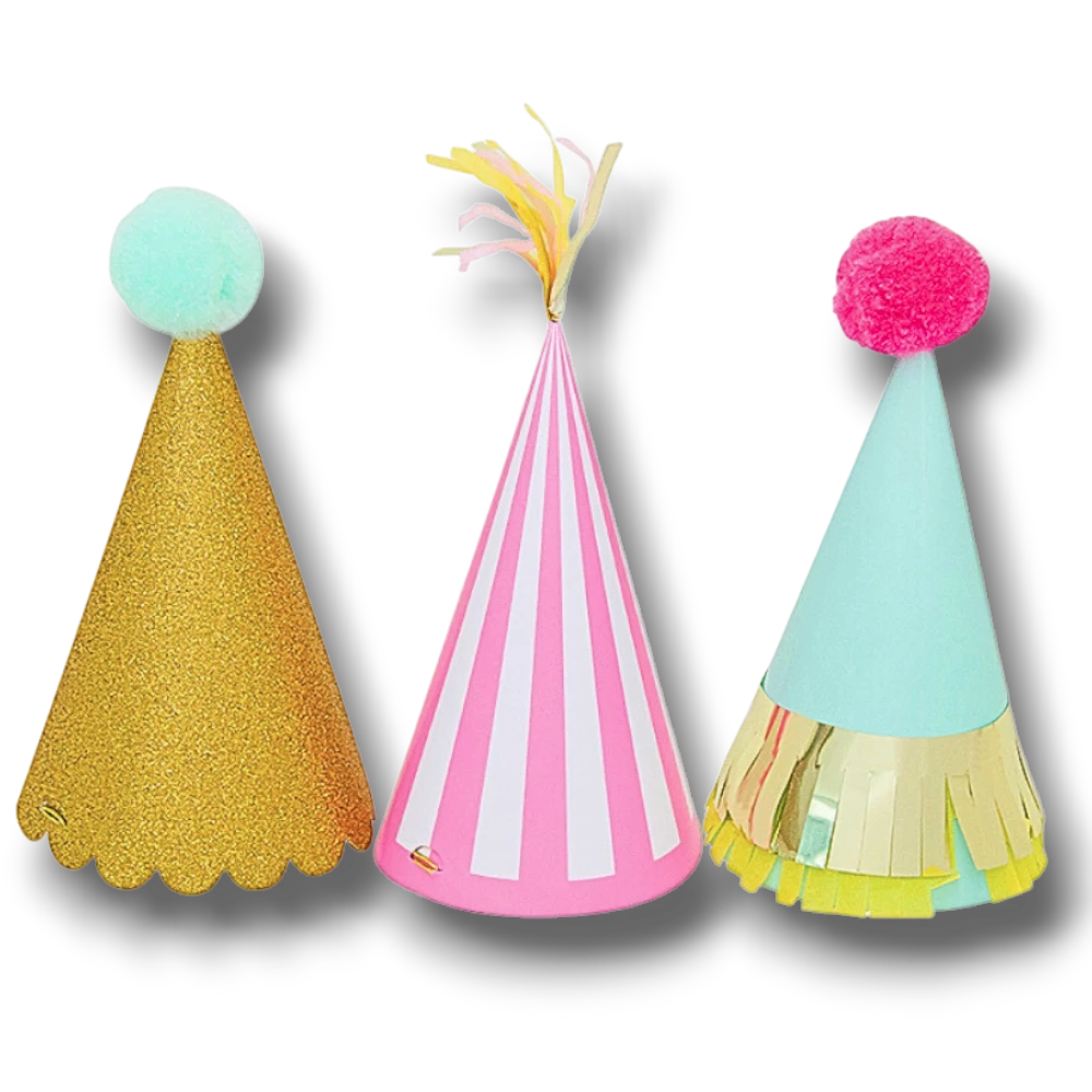 Set de 3 gorritos de papel PartyStore con diseños festivos, colores brillantes, pompones y detalles metalizados