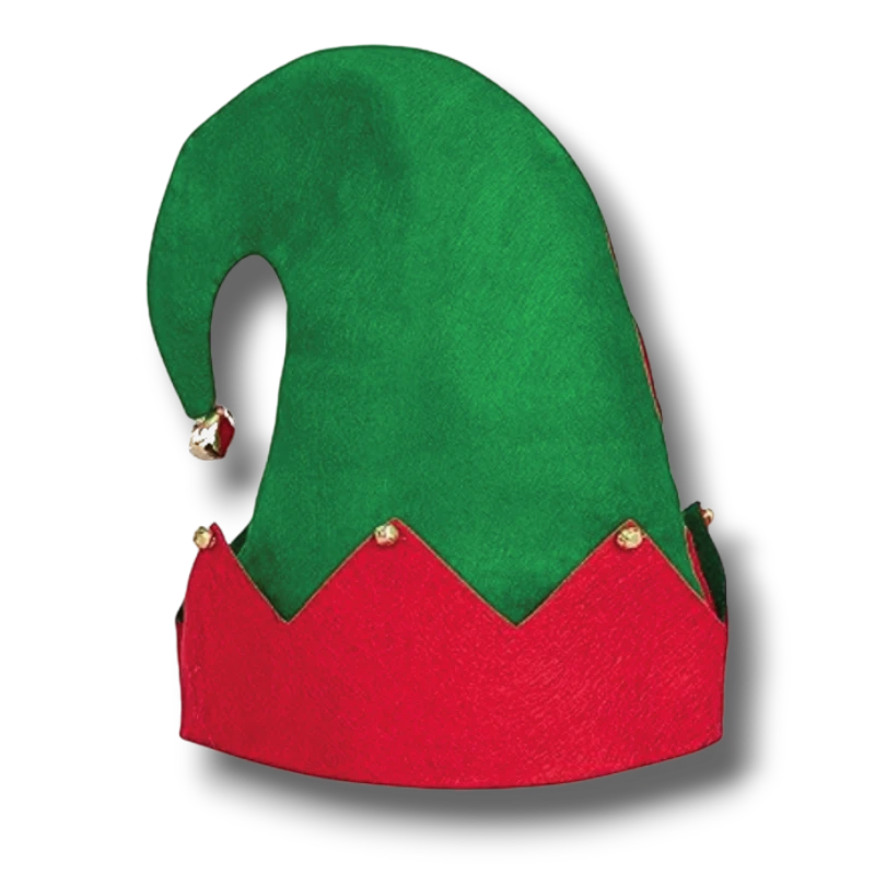 Gorro de duende PartyStore en fieltro verde y rojo con cascabeles dorados para disfraz navideño