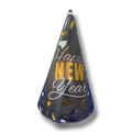 Gorro de fiesta PartyStore de cartón negro con diseño Happy New Year en letras doradas y confeti brillante