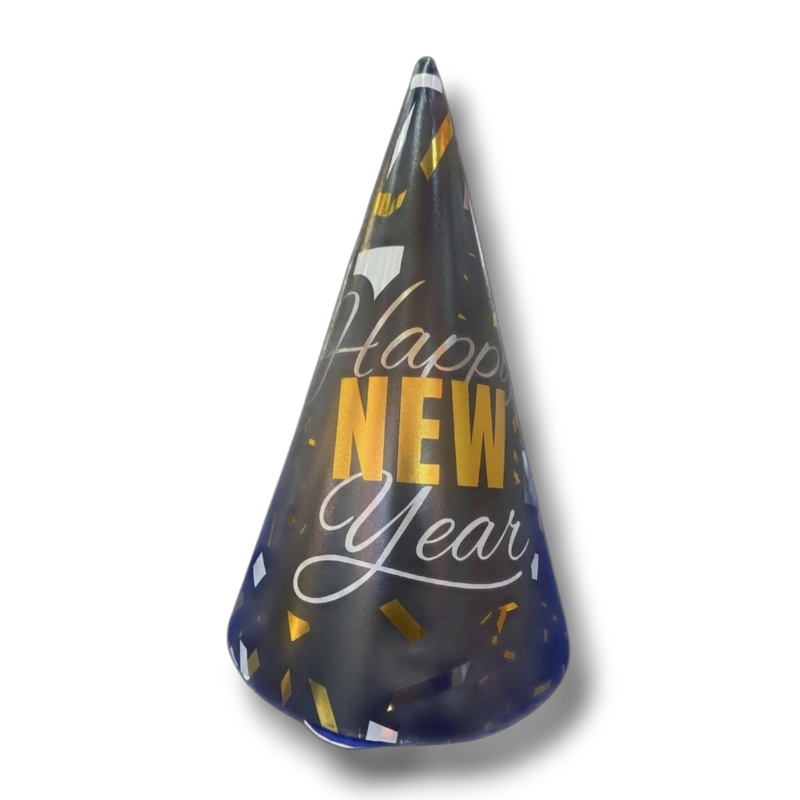 Gorro de fiesta PartyStore de cartón negro con diseño Happy New Year en letras doradas y confeti brillante