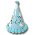 Gorro de fiesta PartyStore azul con lunares blancos, texto Happy Birthday y borde de pompones suaves