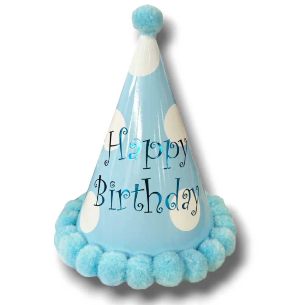 Gorro de fiesta PartyStore azul con lunares blancos, texto Happy Birthday y borde de pompones suaves