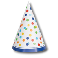 Gorro de fiesta PartyStore cónico de papel blanco con lunares de colores y borde azul para cumpleaños