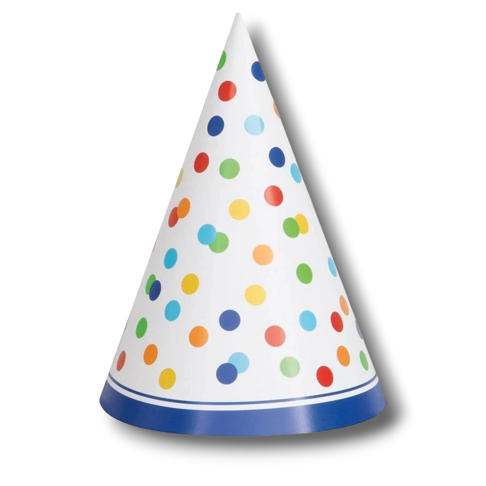 Gorro de fiesta PartyStore cónico de papel blanco con lunares de colores y borde azul para cumpleaños