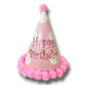 Gorro de fiesta rosa PartyStore con lunares blancos, pompones y texto Happy Birthday brillante
