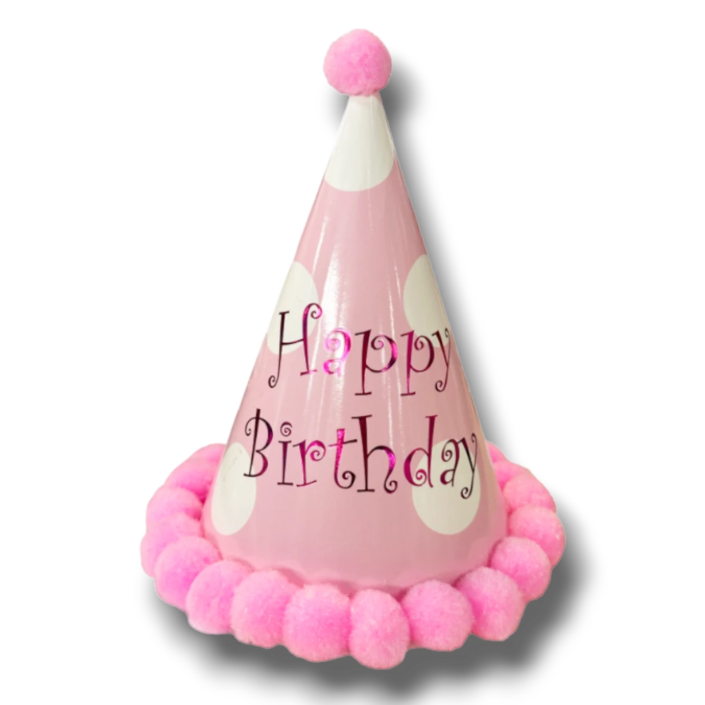 Gorro de fiesta rosa PartyStore con lunares blancos, pompones y texto Happy Birthday brillante