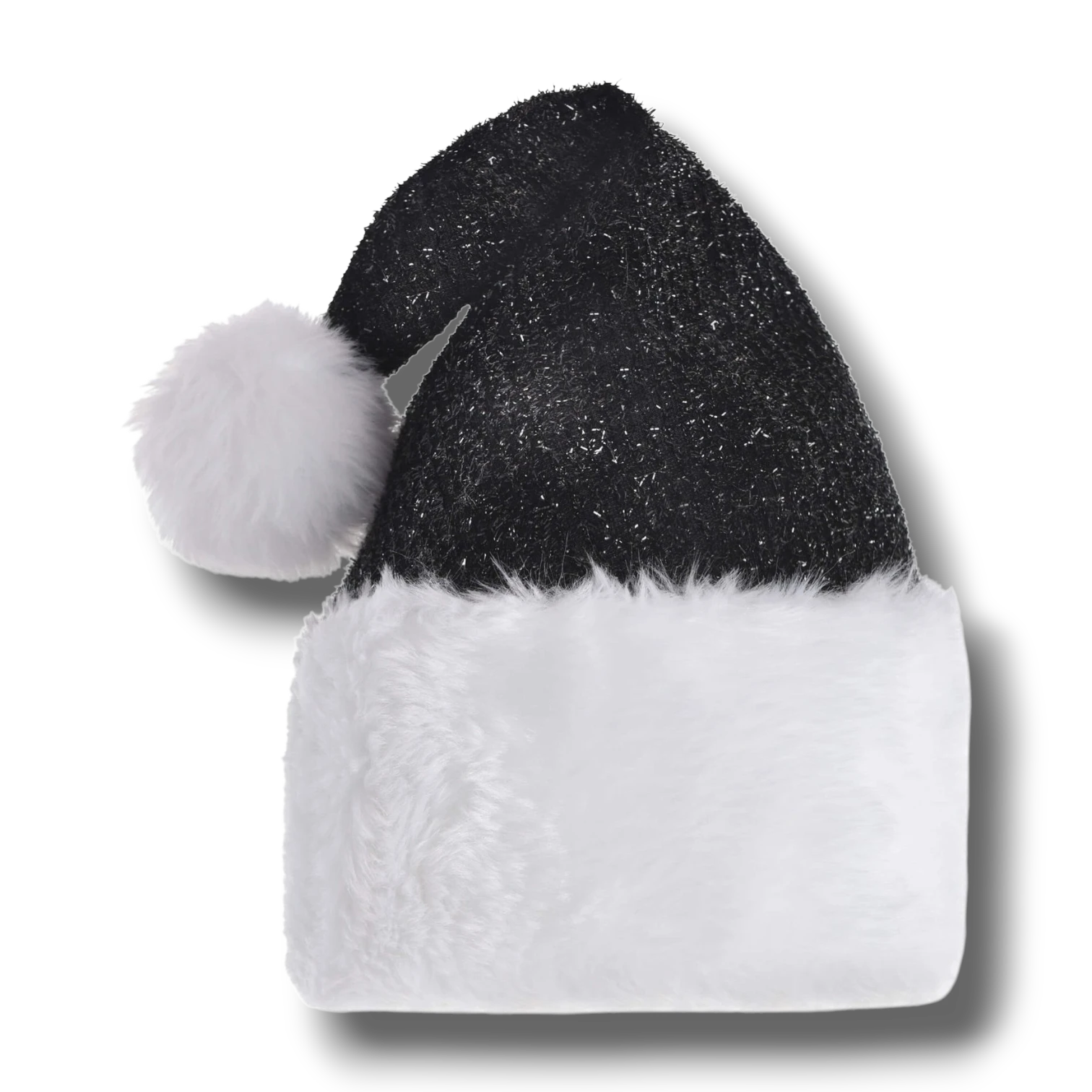 Gorro de Santa PartyStore negro con acabado brillante y borde de felpa blanca con pompón a juego