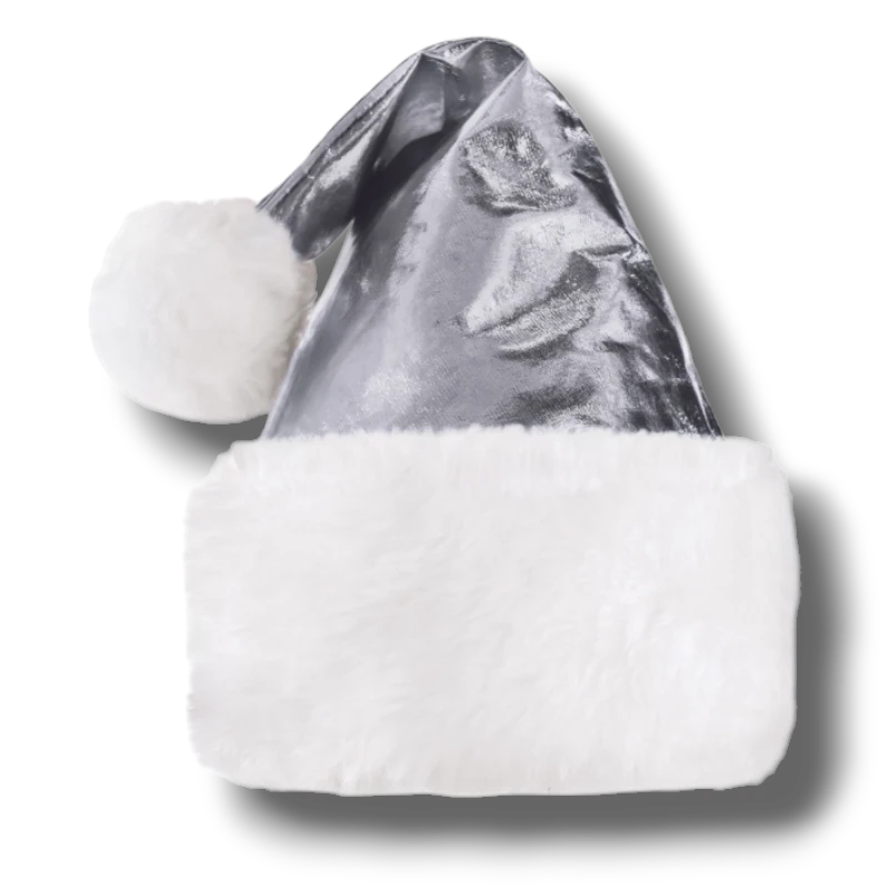 Gorro de Santa Claus PartyStore en color plateado brillante con borde y pompón de felpa blanca suave