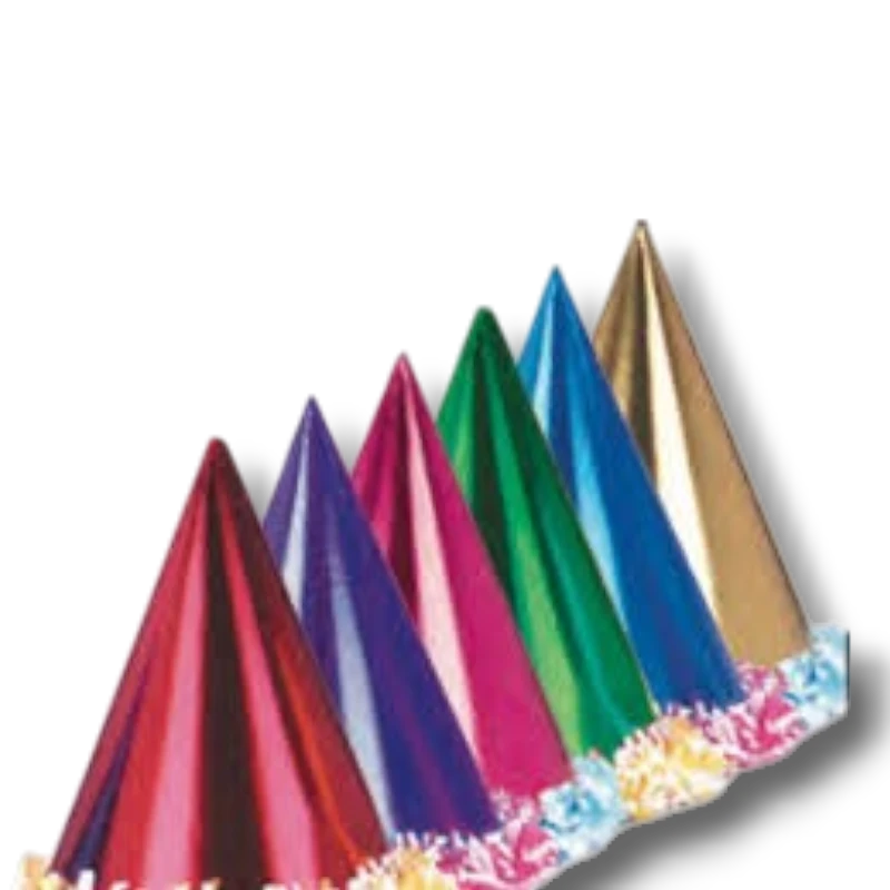 Gorro de fiesta PartyStore de cartón metalizado en varios colores con borde de flecos decorativos