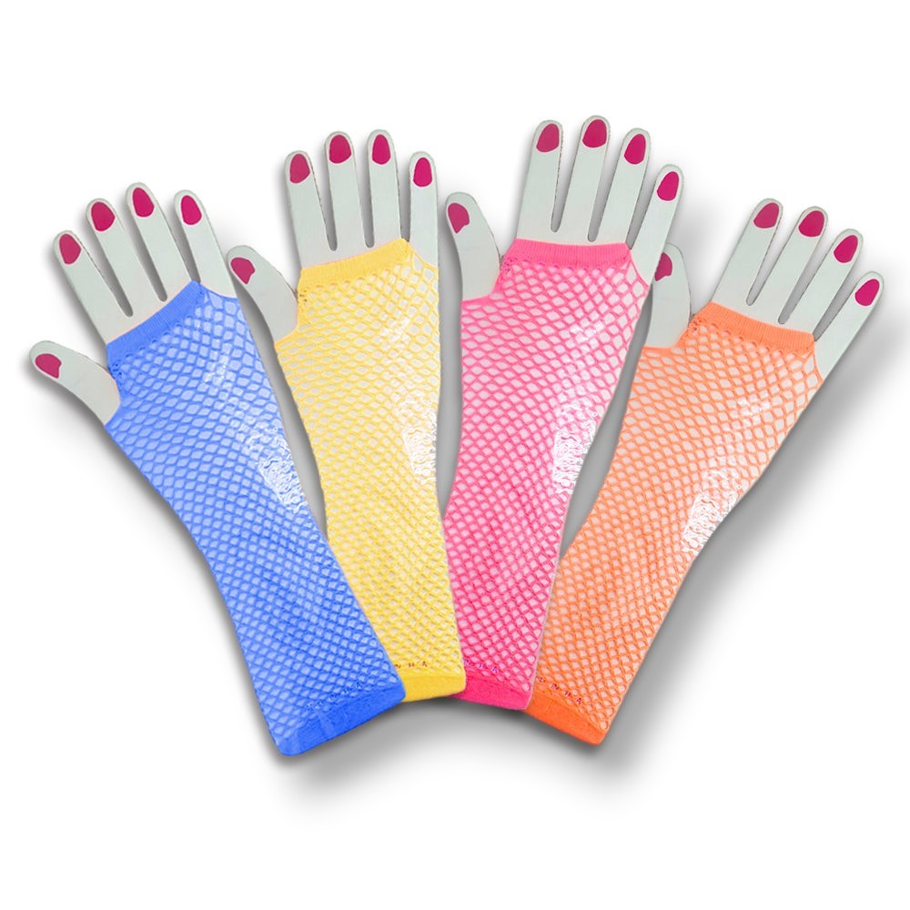 Guantes de red PartyStore en colores neón azul, amarillo, rosa y naranja para disfraces y fiestas temáticas