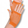 Guantes cortos de red color naranja PartyStore para disfraz o accesorios de fiesta con diseño de malla elástica