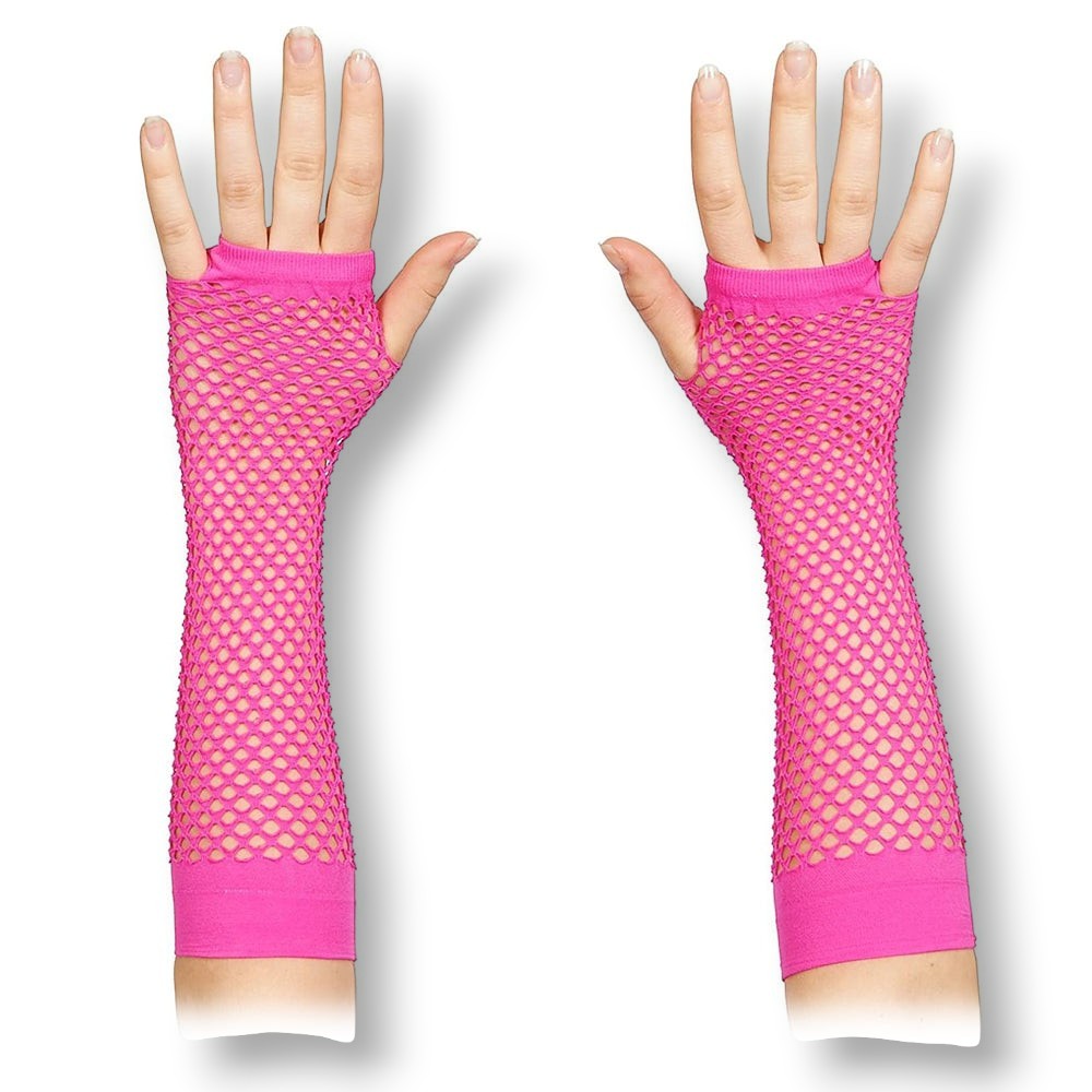 Guantes de red largos color rosa neón de PartyStore para disfraz estilo años 80