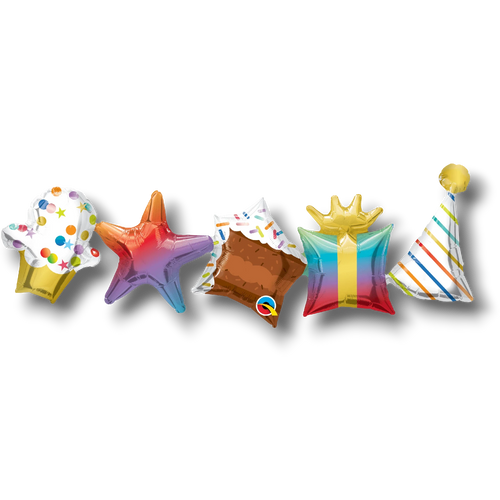 Guirnalda de globos de cumpleaños PartyStore con formas de cupcake, estrella, pastel, regalo y gorro festivo