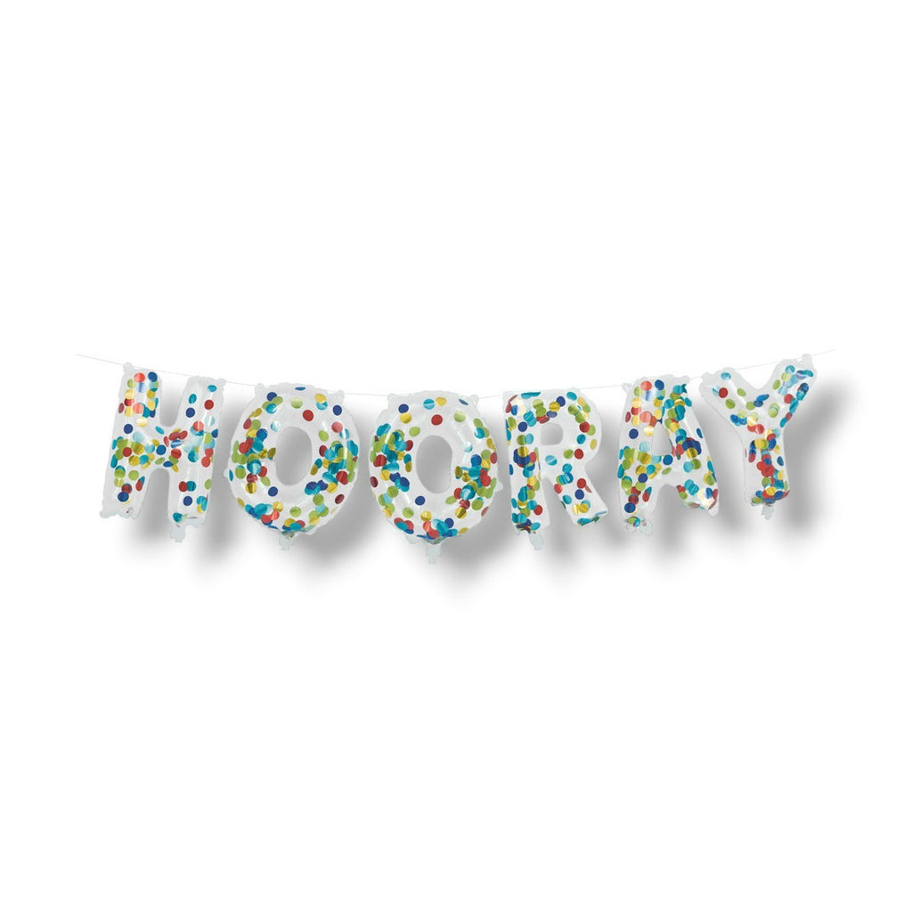 Guirnalda de globos PartyStore con letras que forman la palabra HOORAY y diseño de confeti multicolor