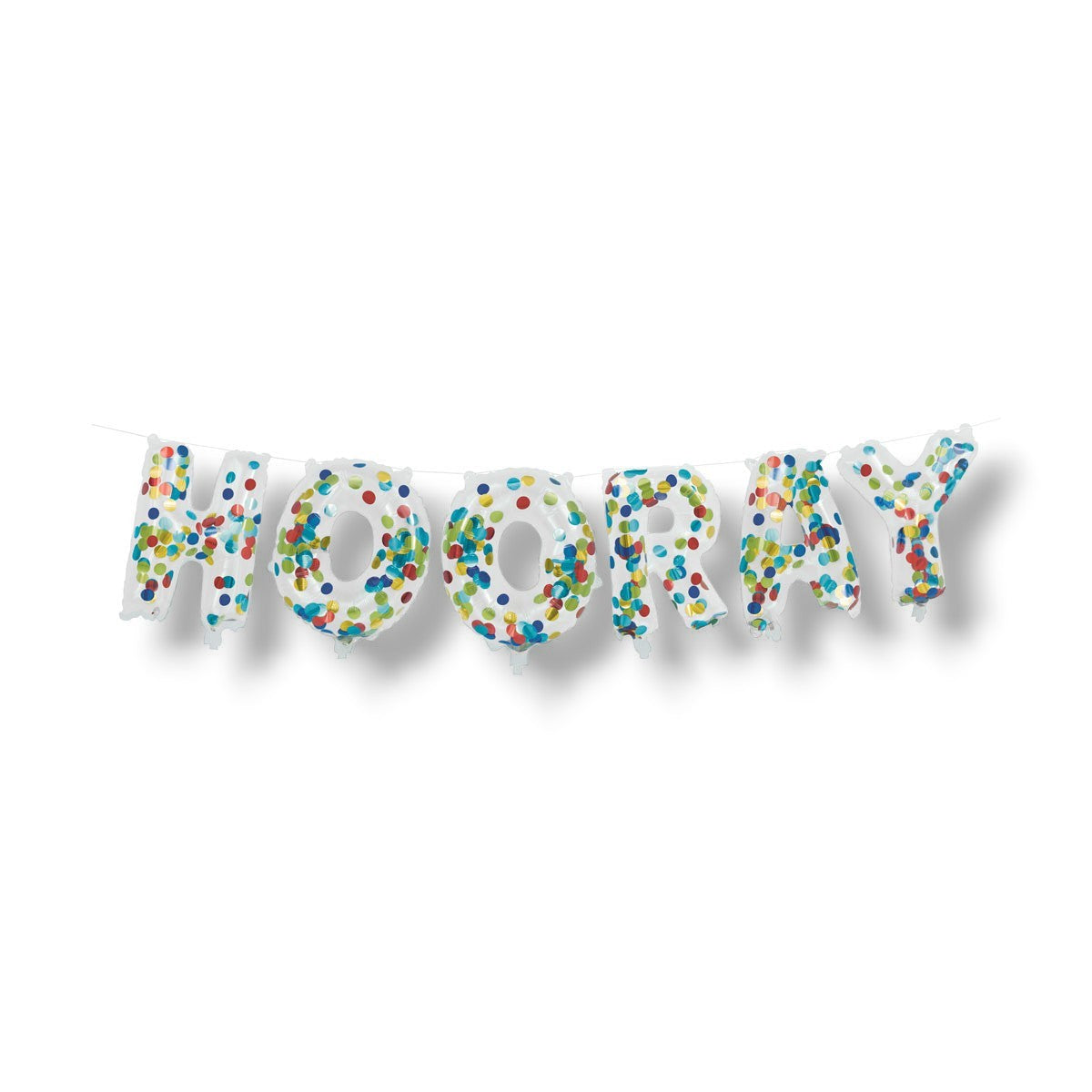 Guirnalda de globos PartyStore con letras que forman la palabra HOORAY y diseño de confeti multicolor