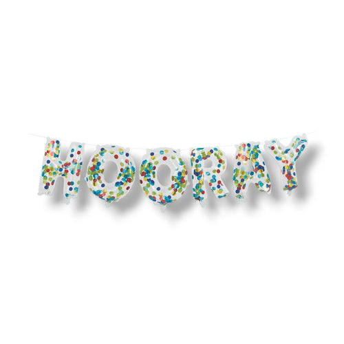 Guirnalda de globos PartyStore con letras que forman la palabra HOORAY y diseño de confeti multicolor