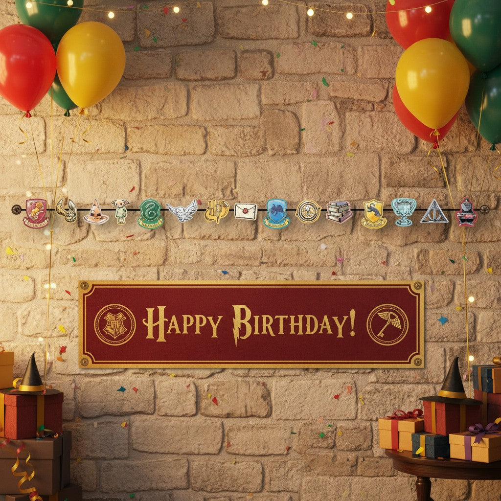 Guirnalda PartyStore con 12 dijes de Harry Potter: escudos, sombrero, Dobby, snitch, libros y más.