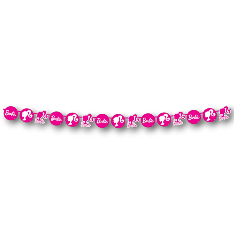 Guirnalda móvil PartyStore de Barbie en color rosa con siluetas y logotipos para decoración de fiestas infantiles