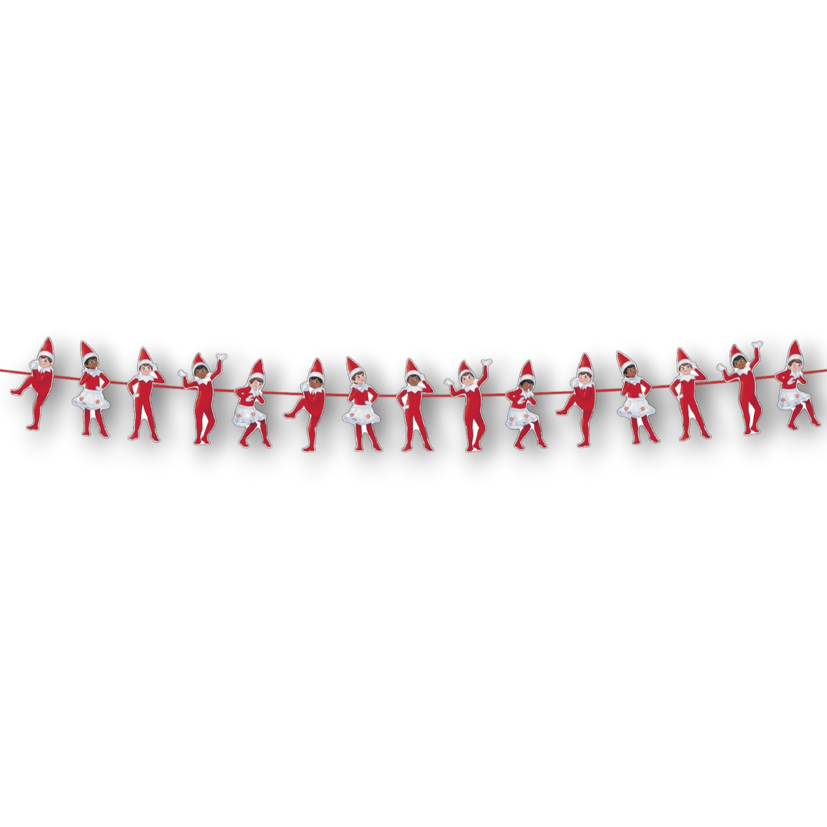 Guirnalda móvil PartyStore con figuras de elfos navideños en diferentes poses sobre una cuerda roja