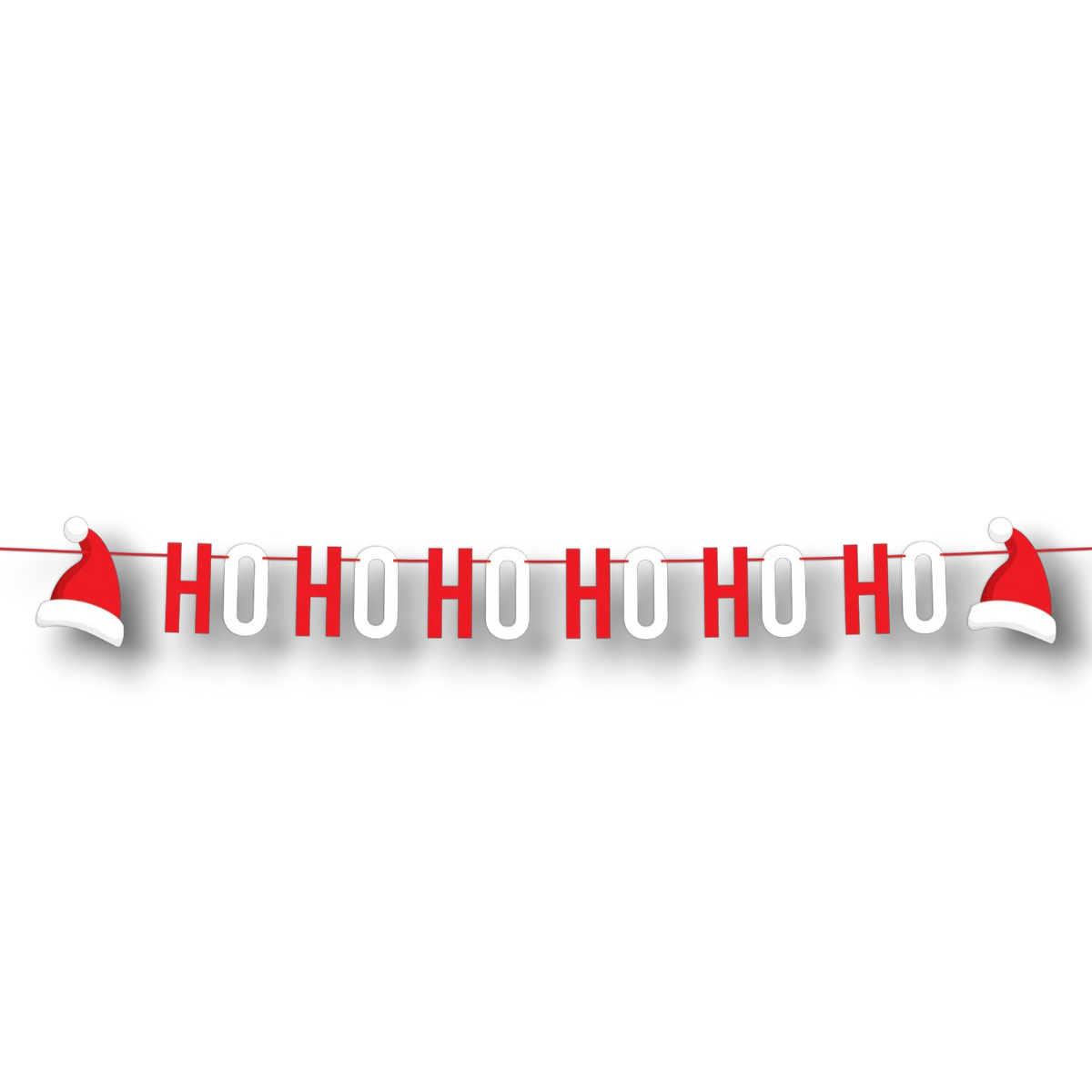 Guirnalda navideña PartyStore con letras rojas y blancas que forman Ho Ho Ho y gorros de Santa en los extremos