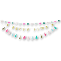 Guirnalda PartyStore Party Time con letras doradas brillantes, borlas coloridas y círculos decorativos