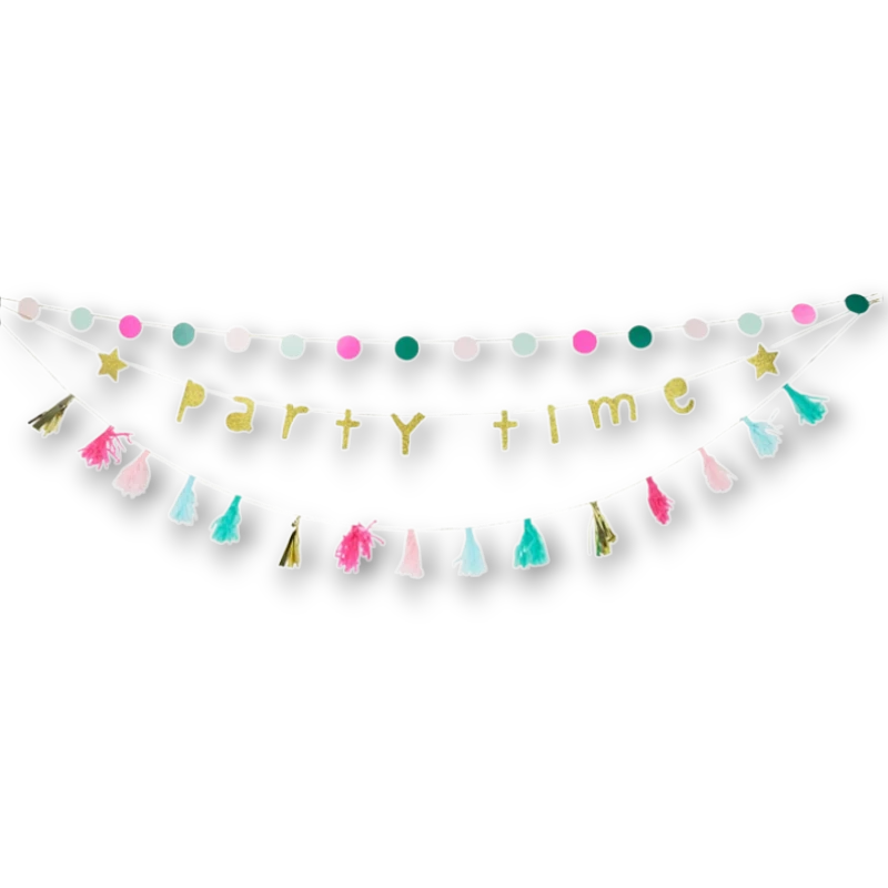 Guirnalda PartyStore Party Time con letras doradas brillantes, borlas coloridas y círculos decorativos