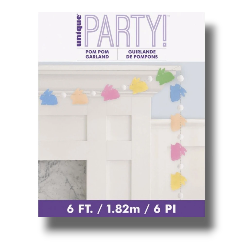 Guirnalda de PartyStore con conejitos de colores pastel y pompones blancos para decoración de Pascua