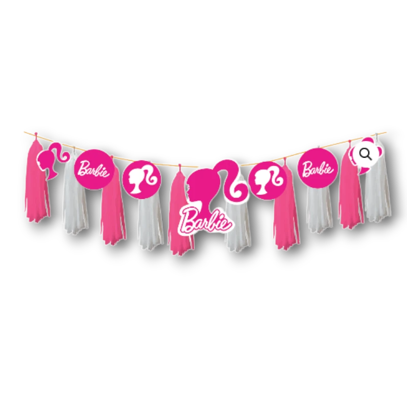 Guirnalda de pompones PartyStore con temática Barbie en tonos rosa y blanco para decoración de fiestas