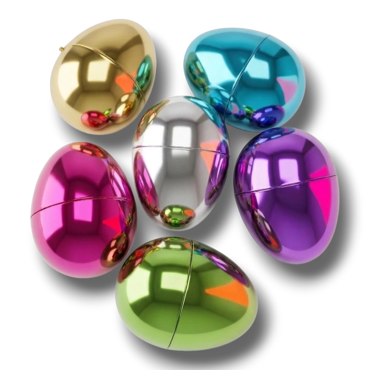 Set de 6 huevos de Pascua metálicos PartyStore en colores brillantes surtidos con acabado reflectante