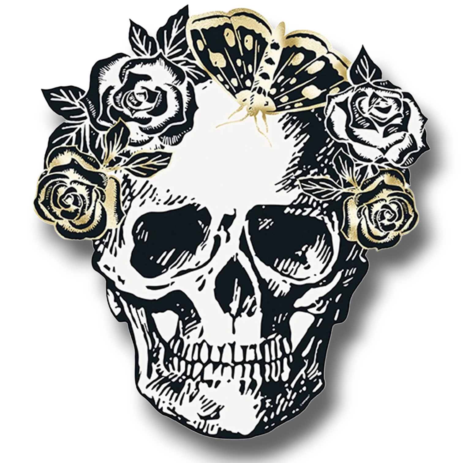 Individuales de papel PartyStore con forma de calavera, rosas y mariposa en estilo ilustración en blanco y negro.