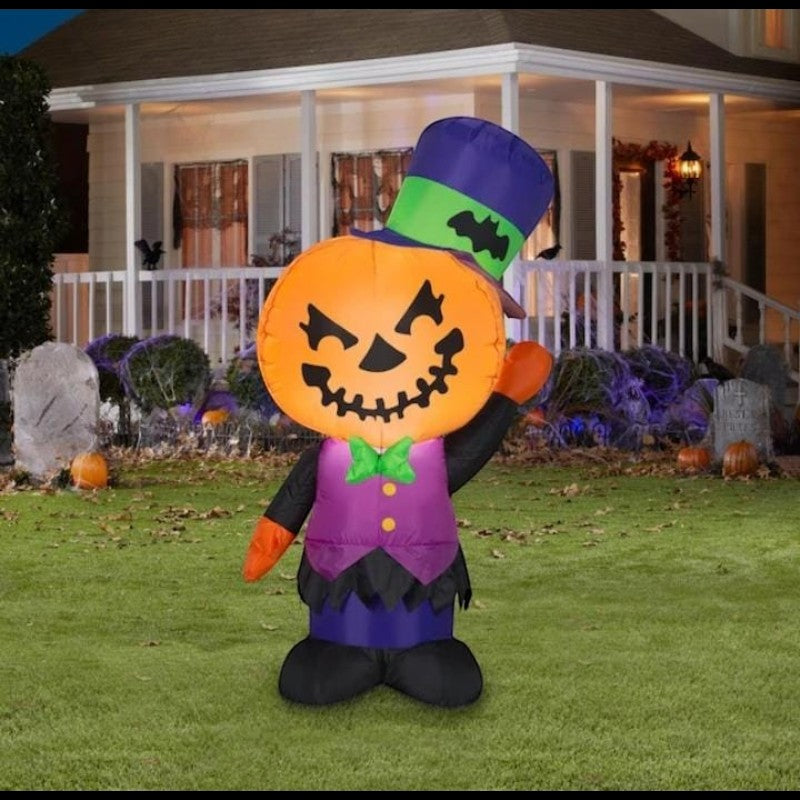 Decoración inflable de Halloween PartyStore con forma de monstruo calabaza con sombrero de copa y chaleco morado