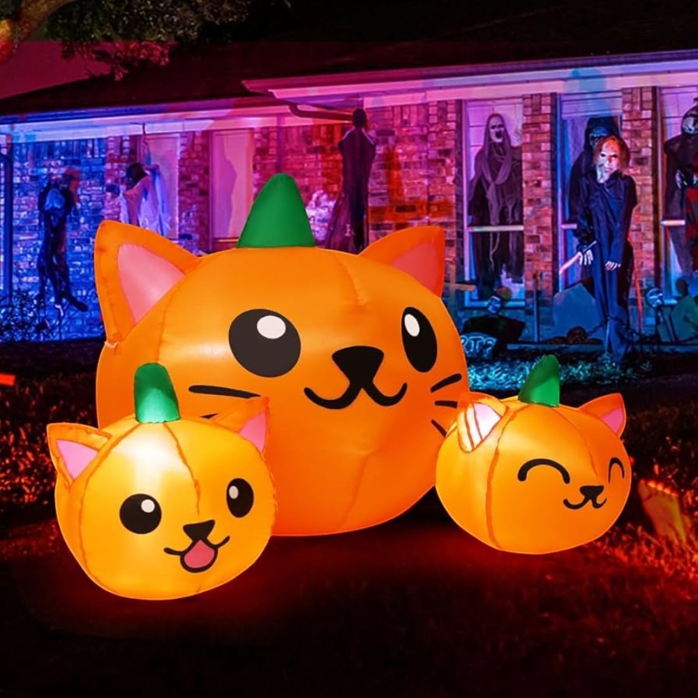 Decoración inflable PartyStore de trío de calabazas con forma de gatitos iluminados para Halloween de 1.55 metros