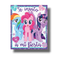 Invitación PartyStore de My Little Pony con Rainbow Dash, Pinkie Pie y Twilight Sparkle sobre fondo de confeti