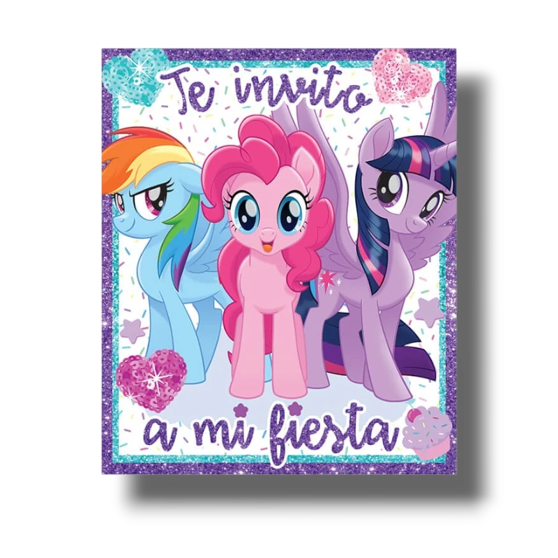 Invitación PartyStore de My Little Pony con Rainbow Dash, Pinkie Pie y Twilight Sparkle sobre fondo de confeti