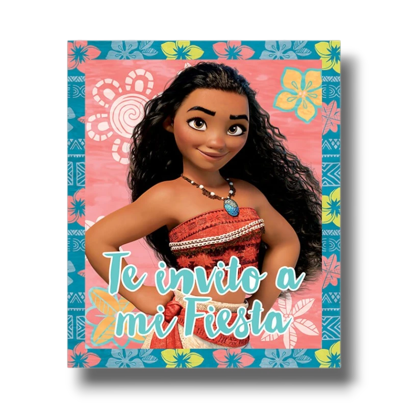 Invitaciones Moana de PartyStore con diseño colorido, flores tropicales y texto Te invito a mi Fiesta