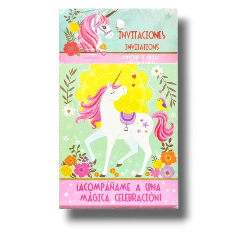 Paquete de invitaciones PartyStore con diseño de unicornio mágico, flores coloridas y fondo verde pastel