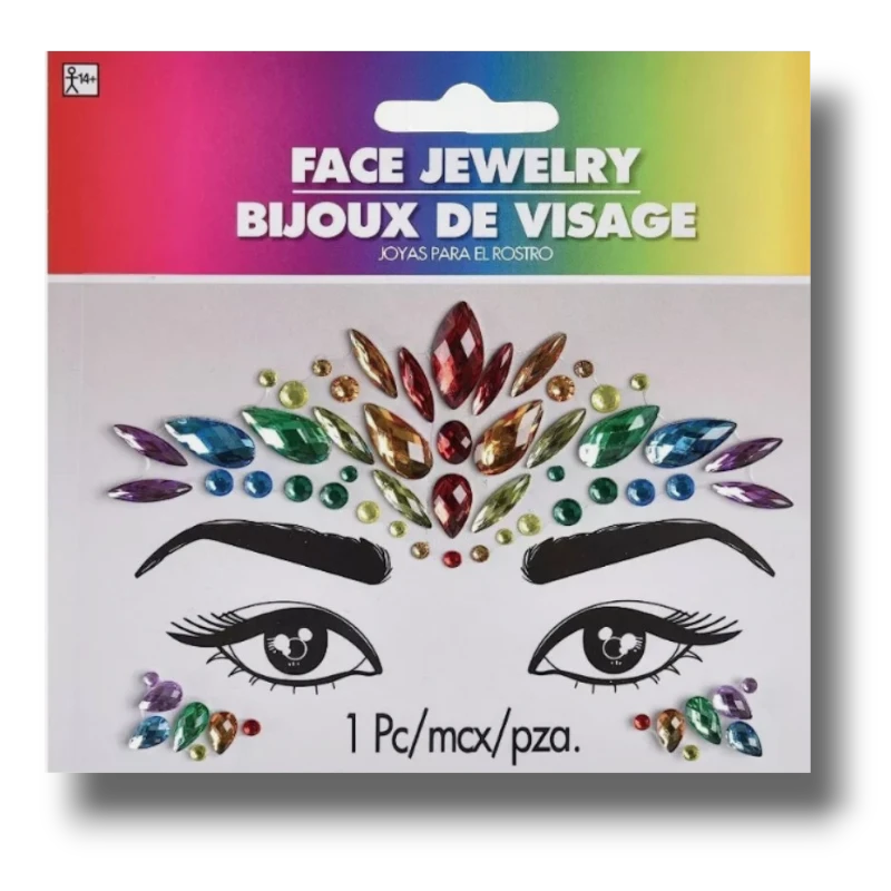 Joyería facial adhesiva PartyStore con gemas brillantes multicolores en diversas formas para maquillaje de fantasía