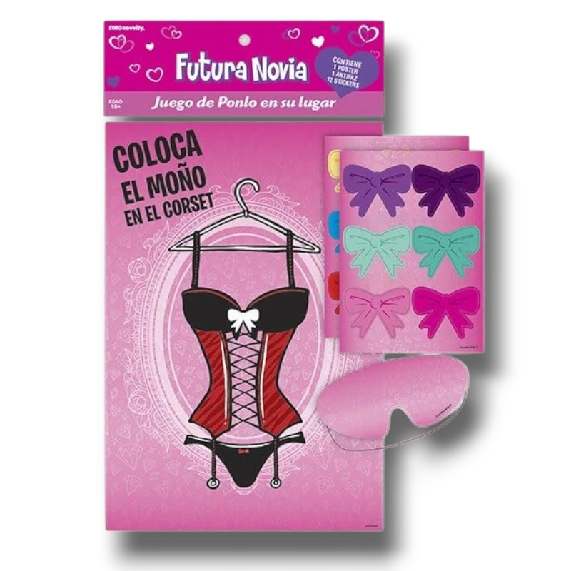 Juego PartyStore Ponlo En Su Lugar para despedida de soltera con póster de corsé, antifaz y pegatinas de lazos