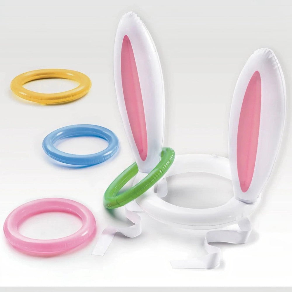 Juego de lanzamiento de anillos inflable de Pascua PartyStore con orejas de conejo blancas y rosas y anillos de colores