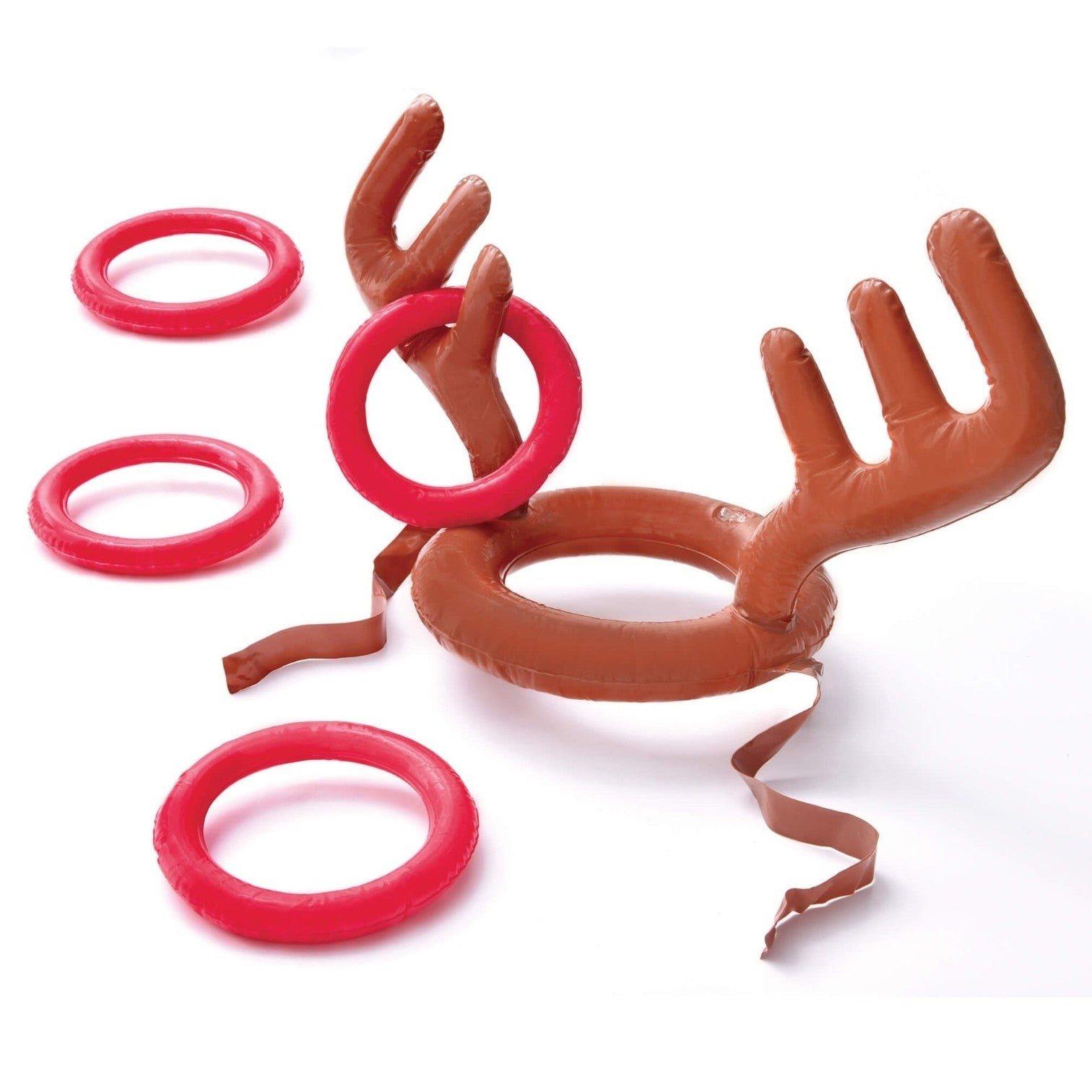 Juego de lanzamiento de anillos de reno inflable PartyStore con astas marrones y anillos rojos para fiestas navideñas