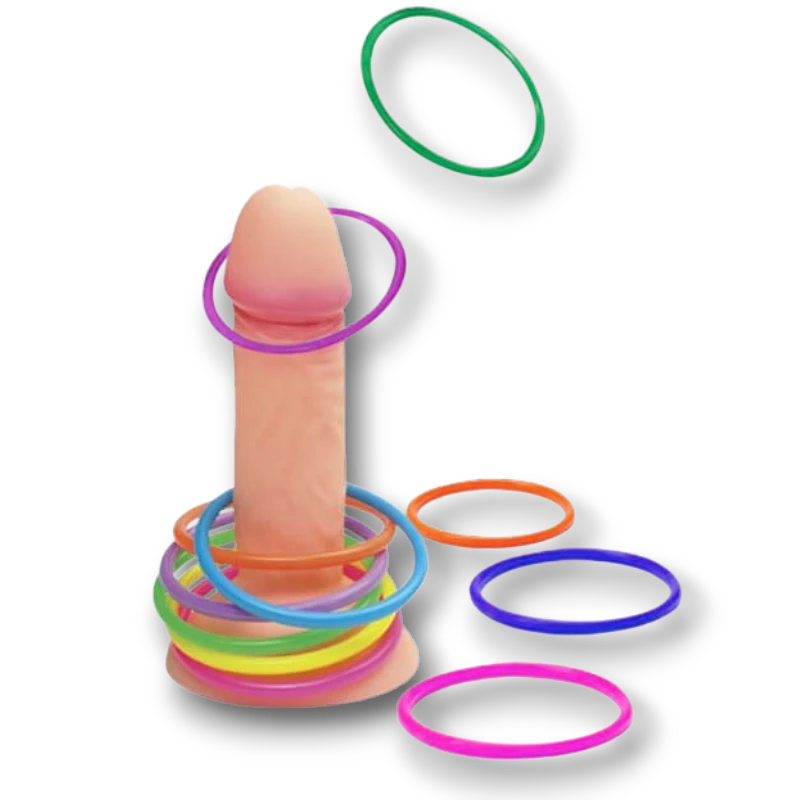 Juego de despedida de soltera PartyStore con figura de Willy y aros de plástico de colores para lanzar