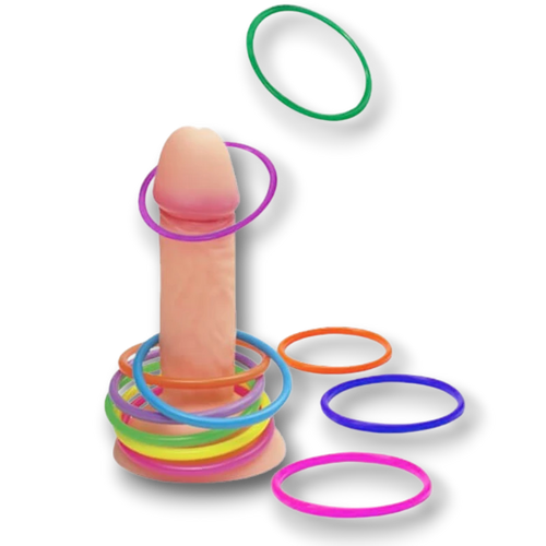 Juego de despedida de soltera PartyStore con figura de Willy y aros de plástico de colores para lanzar