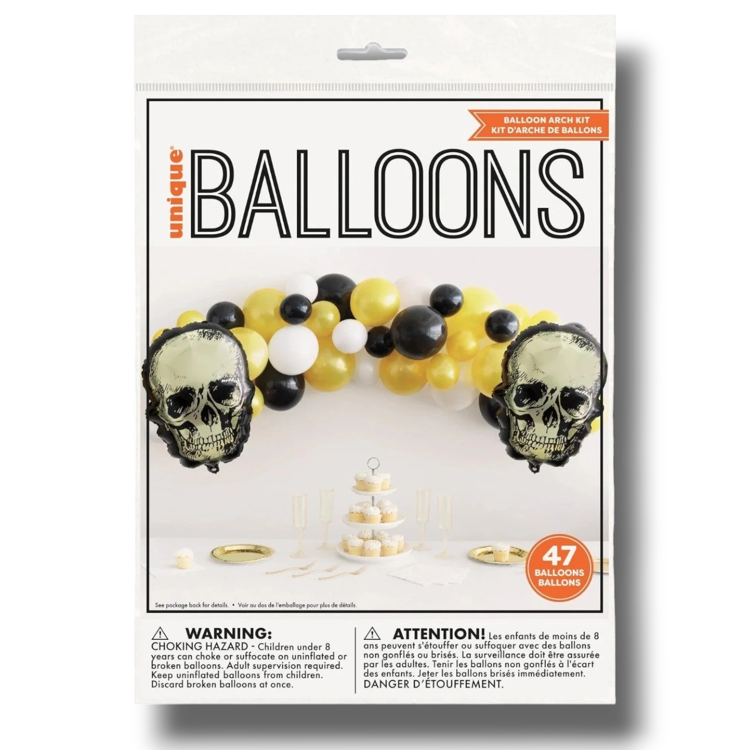 Kit de arco de globos PartyStore con calaveras doradas de papel aluminio y globos de látex negros, blancos y dorados