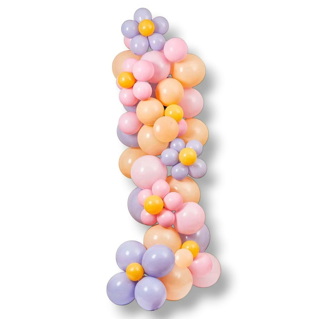 Kit de arco de globos PartyStore Flower Power en tonos pastel lila, rosa y melocotón con detalles de flores