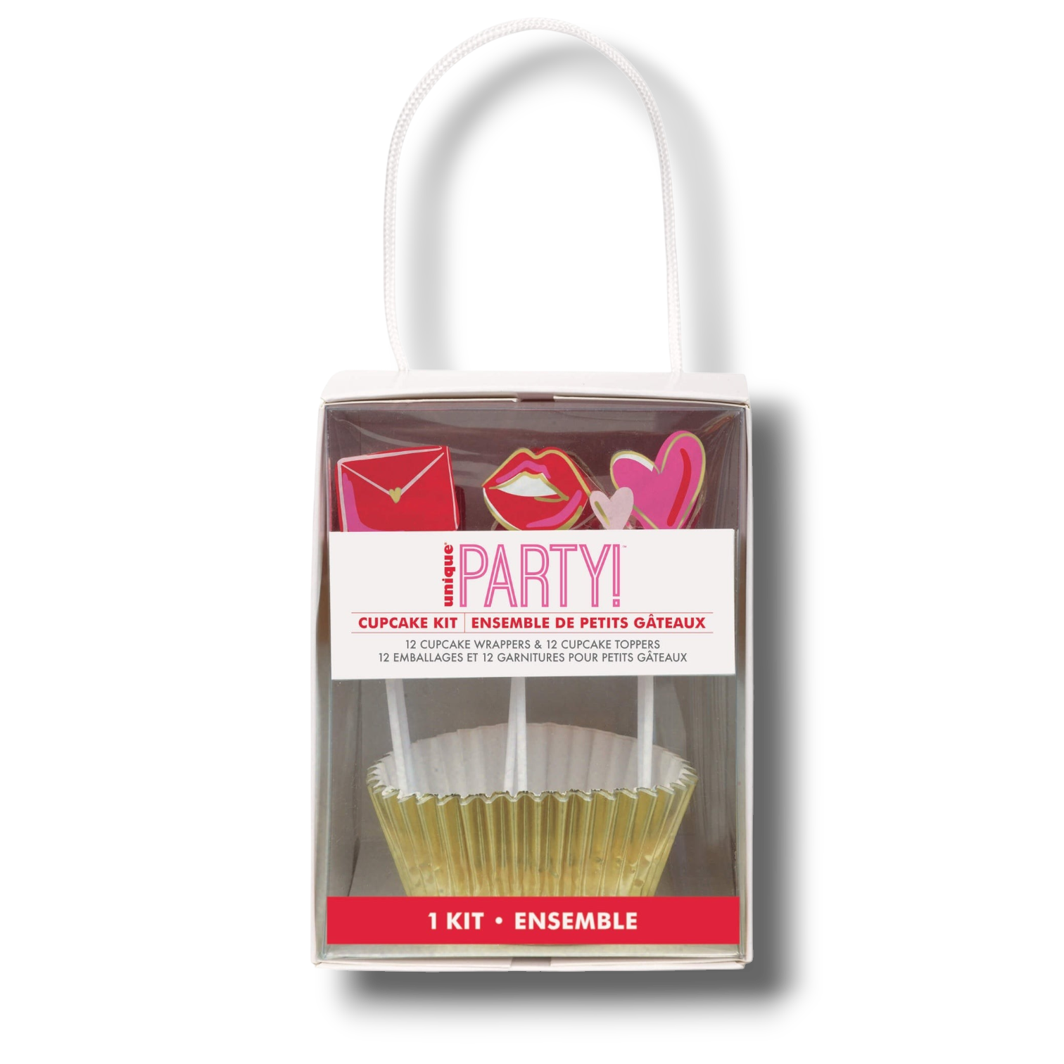 Kit de PartyStore con 12 capacillos dorados y toppers decorativos de labios, corazones y sobres para cupcakes