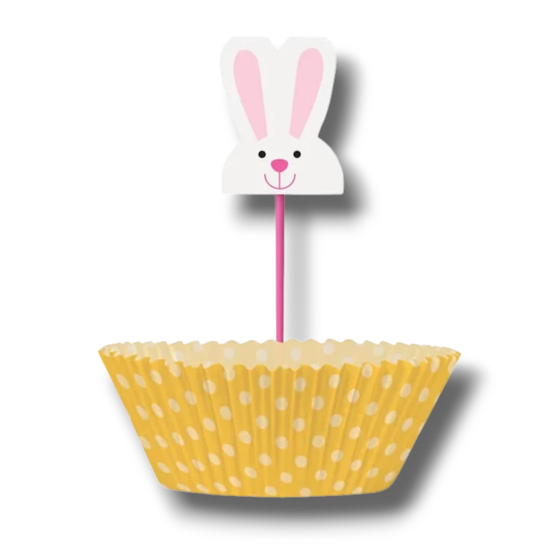 Kit de 24 capacillos amarillos con lunares blancos y topper de conejo para cupcakes de PartyStore